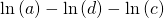 Rendered by QuickLaTeX.com \mathrm{ln}\left(a\right)-\mathrm{ln}\left(d\right)-\mathrm{ln}\left(c\right)