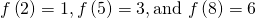 Rendered by QuickLaTeX.com f\left(2\right)=1,f\left(5\right)=3,\text{and }f\left(8\right)=6