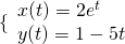 \{\begin{array}{l}x(t)=2{e}^{t}\hfill \\ y(t)=1-5t\hfill \end{array}