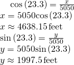Rendered by QuickLaTeX.com \begin{array}{l}\begin{array}{l}\hfill \\ \,\,\,\,\,\,\mathrm{cos}\left(23.3°\right)=\frac{x}{5050}\hfill \end{array}\hfill \\ \text{ }x=5050\mathrm{cos}\left(23.3°\right)\hfill \\ \text{ }x\approx 4638.15\,\text{feet}\hfill \\ \text{ }\mathrm{sin}\left(23.3°\right)=\frac{y}{5050}\hfill \\ \text{ }y=5050\mathrm{sin}\left(23.3°\right)\hfill \\ \text{ }y\approx 1997.5\,\text{feet}\hfill \\ \hfill \end{array}