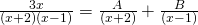 Rendered by QuickLaTeX.com \frac{3x}{\left(x+2\right)\left(x-1\right)}=\frac{A}{\left(x+2\right)}+\frac{B}{\left(x-1\right)}