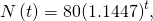 Rendered by QuickLaTeX.com \,N\left(t\right)=80{\left(1.1447\right)}^{t},