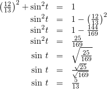 Rendered by QuickLaTeX.com \begin{array}{ccc}\hfill {\left(\frac{12}{13}\right)}^{2}+{\mathrm{sin}}^{2}t& =& 1\hfill \\ \hfill {\mathrm{sin}}^{2}t& =& 1-{\left(\frac{12}{13}\right)}^{2}\hfill \\ \hfill {\mathrm{sin}}^{2}t& =& 1-\frac{144}{169}\hfill \\ \hfill {\mathrm{sin}}^{2}t& =& \frac{25}{169}\hfill \\ \hfill \text{sin }t& =& ±\sqrt{\frac{25}{169}}\hfill \\ \hfill \text{sin }t& =& ±\frac{\sqrt{25}}{\sqrt{169}}\hfill \\ \hfill \text{sin }t& =& ±\frac{5}{13}\hfill \end{array}