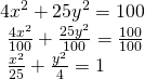 Rendered by QuickLaTeX.com \begin{array}{l} 4{x}^{2}+25{y}^{2}=100\hfill \\ \text{ }\frac{4{x}^{2}}{100}+\frac{25{y}^{2}}{100}=\frac{100}{100}\hfill \\ \text{ }\frac{{x}^{2}}{25}+\frac{{y}^{2}}{4}=1\hfill \end{array}