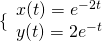 \{\begin{array}{l}x(t)={e}^{-2t}\hfill \\ y(t)=2{e}^{-t}\hfill \end{array}