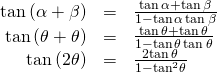 Rendered by QuickLaTeX.com \begin{array}{ccc}\hfill \mathrm{tan}\left(\alpha +\beta \right)& =& \frac{\mathrm{tan}\,\alpha +\mathrm{tan}\,\beta }{1-\mathrm{tan}\,\alpha \,\mathrm{tan}\,\beta }\hfill \\ \hfill \mathrm{tan}\left(\theta +\theta \right)& =& \frac{\mathrm{tan}\,\theta +\mathrm{tan}\,\theta }{1-\mathrm{tan}\,\theta \,\mathrm{tan}\,\theta }\hfill \\ \hfill \mathrm{tan}\left(2\theta \right)& =& \frac{2\mathrm{tan}\,\theta }{1-{\mathrm{tan}}^{2}\theta }\hfill \end{array}