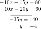 \begin{array}{l}\underset{\_\_\_\_\_\_\_\_\_\_\_\_\_\_}{\begin{array}{l}\hfill \\ \begin{array}{l}-10x-15y=80\text{ }\hfill \\ \,\,\,\,\,10x-20y=60\hfill \end{array}\hfill \end{array}}\hfill \\ \,\,\,\,\,\,\,\,\,\,\,\,\,\,\,\,-35y=140\hfill \\ \,\,\,\,\,\,\,\,\,\,\,\,\,\,\,\,\,\,\,\,\,\,\,\,\,\,\,y=-4\hfill \end{array}