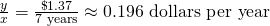 Rendered by QuickLaTeX.com \frac{\text{Δ}y}{\text{Δ}x}=\frac{\text{\$}1.37}{\text{7 years}}\approx 0.196\text{ dollars per year}