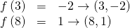 Rendered by QuickLaTeX.com \begin{array}{ccc}\hfill f\left(3\right)& =& -2\to \left(3,-2\right)\hfill \\ \hfill f\left(8\right)& =& 1\to \left(8,1\right)\hfill \end{array}