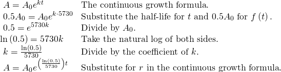 Rendered by QuickLaTeX.com \begin{array}{ll}\text{ }A={A}_{0}{e}^{kt}\hfill & \text{The continuous growth formula}.\hfill \\ \text{ }0.5{A}_{0}={A}_{0}{e}^{k\cdot 5730}\hfill & \text{Substitute the half-life for }t\text{ and }0.5{A}_{0}\text{ for }f\left(t\right).\hfill \\ \text{ }0.5={e}^{5730k}\hfill & \text{Divide by }{A}_{0}.\hfill \\ \mathrm{ln}\left(0.5\right)=5730k\hfill & \text{Take the natural log of both sides}.\hfill \\ \text{ }k=\frac{\mathrm{ln}\left(0.5\right)}{5730}\hfill & \text{Divide by the coefficient of }k.\hfill \\ \text{ }A={A}_{0}{e}^{\left(\frac{\mathrm{ln}\left(0.5\right)}{5730}\right)t}\hfill & \text{Substitute for }r\text{ in the continuous growth formula}.\hfill \end{array}