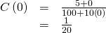 \begin{array}{ccc}\hfill C\left(0\right)& =& \frac{5+0}{100+10\left(0\right)}\hfill \\ & =& \frac{1}{20}\hfill \end{array}