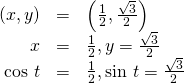 Rendered by QuickLaTeX.com \begin{array}{ccc}\hfill \left(x,y\right)& =& \left(\frac{1}{2},\frac{\sqrt{3}}{2}\right)\hfill \\ \hfill x& =& \frac{1}{2},y=\frac{\sqrt{3}}{2}\hfill \\ \hfill \text{cos }t& =& \frac{1}{2},\text{sin }t=\frac{\sqrt{3}}{2}\hfill \end{array}