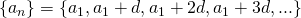 Rendered by QuickLaTeX.com \left\{{a}_{n}\right\}=\left\{{a}_{1},{a}_{1}+d,{a}_{1}+2d,{a}_{1}+3d,...\right\}