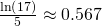 Rendered by QuickLaTeX.com \frac{\mathrm{ln}\left(17\right)}{5}\approx 0.567