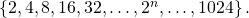 Rendered by QuickLaTeX.com \,\left\{2,4,8,16,32,\dots ,{2}^{n},\dots ,1024\right\}.