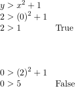 Rendered by QuickLaTeX.com \begin{array}{ll}y>{x}^{2}+1\hfill & \hfill \\ 2>{\left(0\right)}^{2}+1\hfill & \hfill \\ 2>1\hfill & \text{True}\hfill \\ \hfill & \hfill \\ \hfill & \hfill \\ \hfill & \hfill \\ 0>{\left(2\right)}^{2}+1\hfill & \hfill \\ 0>5\hfill & \text{False}\hfill \end{array}