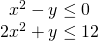 Rendered by QuickLaTeX.com \begin{array}{r}\hfill {x}^{2}-y\le 0\,\,\,\\ \hfill 2{x}^{2}+y\le 12\end{array}