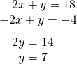 \begin{array}{l}\,\,\,\,\,\,2x+y=18\hfill \\ \underset{\_\_\_\_\_\_\_\_\_\_\_\_\_}{-2x+y=-4}\hfill \\ \text{ }\text{ }\,\,\,\,\,\,2y=14\hfill \\ \text{ }\text{ }\,\,\,\,\,\,\,\,\,y=7\hfill \end{array}