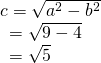 Rendered by QuickLaTeX.com \begin{array}{l}c=±\sqrt{{a}^{2}-{b}^{2}}\hfill \\ \,\,\,=±\sqrt{9-4}\hfill \\ \,\,\,=±\sqrt{5}\hfill \end{array}
