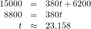 Rendered by QuickLaTeX.com \begin{array}{ccc}\hfill 15000& =& 380t+6200\hfill \\ \hfill 8800& =& 380t\hfill \\ \hfill t& \approx & 23.158\hfill \end{array}