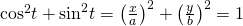 {\mathrm{cos}}^{2}t+{\mathrm{sin}}^{2}t={\left(\frac{x}{a}\right)}^{2}+{\left(\frac{y}{b}\right)}^{2}=1