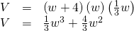 Rendered by QuickLaTeX.com \begin{array}{ccc}\hfill V& =& \left(w+4\right)\left(w\right)\left(\frac{1}{3}w\right)\hfill \\ \hfill V& =& \frac{1}{3}{w}^{3}+\frac{4}{3}{w}^{2}\hfill \end{array}