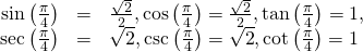 \begin{array}{ccc}\hfill \text{sin}\left(\frac{\pi }{4}\right)& =& \frac{\sqrt{2}}{2},\text{cos}\left(\frac{\pi }{4}\right)=\frac{\sqrt{2}}{2},\mathrm{tan}\left(\frac{\pi }{4}\right)=1,\hfill \\ \hfill \text{sec}\left(\frac{\pi }{4}\right)& =& \sqrt{2},\text{csc}\left(\frac{\pi }{4}\right)=\sqrt{2},\text{cot}\left(\frac{\pi }{4}\right)=1\hfill \end{array}