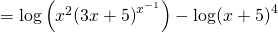 Rendered by QuickLaTeX.com =\mathrm{log}\left({x}^{2}{\left(3x+5\right)}^{{x}^{-1}}\right)-\mathrm{log}{\left(x+5\right)}^{4}