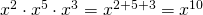 Rendered by QuickLaTeX.com {x}^{2}\cdot {x}^{5}\cdot {x}^{3}={x}^{2+5+3}={x}^{10}