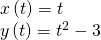 \begin{array}{l}x\left(t\right)=t\\ y\left(t\right)={t}^{2}-3\end{array}