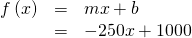Rendered by QuickLaTeX.com \begin{array}{ccc}\hfill f\left(x\right)& =& mx+b\hfill \\ & =& -250x+1000\hfill \end{array}