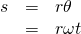 Rendered by QuickLaTeX.com \begin{array}{ccc}\hfill s& =& r\theta \hfill \\ & =& r\omega t\hfill \end{array}