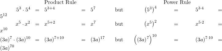 Rendered by QuickLaTeX.com \begin{array}{cccccccccc}& & \text{Product Rule}\hfill & & & & & \text{ Power Rule}\hfill & & \\ \hfill {5}^{3}\cdot {5}^{4}& =& {5}^{3+4}\hfill & =& {5}^{7}\hfill & \phantom{\rule{1em}{0ex}}\text{but}\phantom{\rule{1em}{0ex}}& \hfill \text{ }{\left({5}^{3}\right)}^{4}& =& {5}^{3\cdot 4}\hfill & =& {5}^{12}\hfill \\ \hfill {x}^{5}\cdot {x}^{2}& =& {x}^{5+2}\hfill & =& {x}^{7}\hfill & \phantom{\rule{1em}{0ex}}\text{but}\phantom{\rule{1em}{0ex}}& \hfill {\left({x}^{5}\right)}^{2}& =& {x}^{5\cdot 2}\hfill & =\hfill & {x}^{10}\hfill \\ \hfill {\left(3a\right)}^{7}\cdot {\left(3a\right)}^{10}& =& {\left(3a\right)}^{7+10}\hfill & =& {\left(3a\right)}^{17}\hfill & \phantom{\rule{1em}{0ex}}\text{but}\phantom{\rule{1em}{0ex}}& \hfill {\left({\left(3a\right)}^{7}\right)}^{10}& =& {\left(3a\right)}^{7\cdot 10}\hfill & =& {\left(3a\right)}^{70}\hfill \end{array}