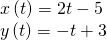 \begin{array}{l}x\left(t\right)=2t-5\hfill \\ y\left(t\right)=-t+3\hfill \end{array}