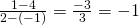 Rendered by QuickLaTeX.com \frac{1-4}{2-\left(-1\right)}=\frac{-3}{3}=-1