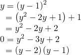 Rendered by QuickLaTeX.com \begin{array}{l}y={\left(y-1\right)}^{2}\hfill \\ \text{ }=\left({y}^{2}-2y+1\right)+1\hfill \\ \text{ }={y}^{2}-2y+2\hfill \\ 0={y}^{2}-3y+2\hfill \\ \text{ }=\left(y-2\right)\left(y-1\right)\hfill \end{array}