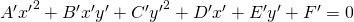 Rendered by QuickLaTeX.com {A}^{\prime }{{x}^{\prime }}^{2}+{B}^{\prime }{x}^{\prime }{y}^{\prime }+{C}^{\prime }{{y}^{\prime }}^{2}+{D}^{\prime }{x}^{\prime }+{E}^{\prime }{y}^{\prime }+{F}^{\prime }=0