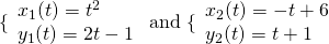 \{\begin{array}{l}{x}_{1}(t)={t}^{2}\hfill \\ {y}_{1}(t)=2t-1\hfill \end{array}\text{ and }\{\begin{array}{l}{x}_{2}(t)=-t+6\hfill \\ {y}_{2}(t)=t+1\hfill \end{array}