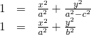 Rendered by QuickLaTeX.com \begin{array}{ccc}\hfill 1& =& \frac{{x}^{2}}{{a}^{2}}+\frac{{y}^{2}}{{a}^{2}-{c}^{2}}\hfill \\ \hfill 1& =& \frac{{x}^{2}}{{a}^{2}}+\frac{{y}^{2}}{{b}^{2}}\hfill \end{array}