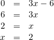 Rendered by QuickLaTeX.com \begin{array}{ccc}\hfill 0& =& 3x-6\hfill \\ \hfill 6& =& 3x\hfill \\ \hfill 2& =& x\hfill \\ \hfill x& =& 2\hfill \end{array}