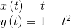 Rendered by QuickLaTeX.com \begin{array}{l}x\left(t\right)=t\\ y\left(t\right)=1-{t}^{2}\end{array}