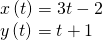 \begin{array}{l}\\ \begin{array}{l}x\left(t\right)=3t-2\hfill \\ y\left(t\right)=t+1\hfill \end{array}\end{array}