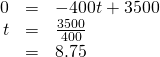 Rendered by QuickLaTeX.com \begin{array}{ccc}\hfill 0& =& -400t+3500\hfill \\ \hfill t& =& \frac{3500}{400}\hfill \\ & =& 8.75\hfill \end{array}