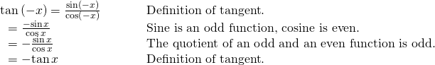 Rendered by QuickLaTeX.com \begin{array}{ll}\mathrm{tan}\left(-x\right)=\frac{\mathrm{sin}\left(-x\right)}{\mathrm{cos}\left(-x\right)}\hfill & \begin{array}{ccc}& & \end{array}\text{Definition of tangent}.\hfill \\ \text{ }=\frac{-\mathrm{sin}\,x}{\mathrm{cos}\,x}\hfill & \begin{array}{ccc}& & \end{array}\text{Sine is an odd function, cosine is even}.\hfill \\ \text{ }=-\frac{\mathrm{sin}\,x}{\mathrm{cos}\,x}\hfill & \begin{array}{ccc}& & \end{array}\text{The quotient of an odd and an even function is odd}.\hfill \\ \text{ }=-\mathrm{tan}\,x\hfill & \begin{array}{ccc}& & \end{array}\text{Definition of tangent}.\hfill \end{array}