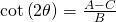 Rendered by QuickLaTeX.com \mathrm{cot}\left(2\theta \right)=\frac{A-C}{B}