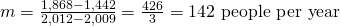 Rendered by QuickLaTeX.com m=\frac{1,868-1,442}{2,012-2,009}=\frac{426}{3}=\text{142 people per year}