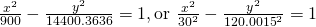 Rendered by QuickLaTeX.com \frac{{x}^{2}}{900}-\frac{{y}^{2}}{14400.3636 }=1,\text{or}\,\,\frac{{x}^{2}}{{30}^{2}}-\frac{{y}^{2}}{{120.0015}^{2} }=1