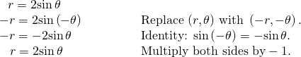 Rendered by QuickLaTeX.com \begin{array}{ll}\,\,\,\,r=2\mathrm{sin}\,\theta \hfill & \hfill \\ -r=2\mathrm{sin}\left(-\theta \right)\begin{array}{cccc}& & & \end{array}\hfill & \text{Replace}\,\left(r,\theta \right)\,\text{with }\left(-r,-\theta \right).\hfill \\ -r=-2\mathrm{sin}\,\theta \hfill & \text{Identity: }\mathrm{sin}\left(-\theta \right)=-\mathrm{sin}\,\theta .\hfill \\ \,\,\,\,\,r=2\mathrm{sin}\,\theta \hfill & \text{Multiply both sides by}-1.\hfill \end{array}