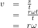 Rendered by QuickLaTeX.com \begin{array}{ccc}\hfill v& =& \frac{s}{t}\hfill \\ & =& \frac{r\omega t}{t}\hfill \\ & =& r\omega \hfill \end{array}
