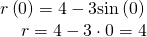 Rendered by QuickLaTeX.com \begin{array}{l}r\left(0\right)=4-3\mathrm{sin}\left(0\right)\hfill \\ \,\,\,\,\,\,\,r=4-3\cdot 0=4\hfill \end{array}